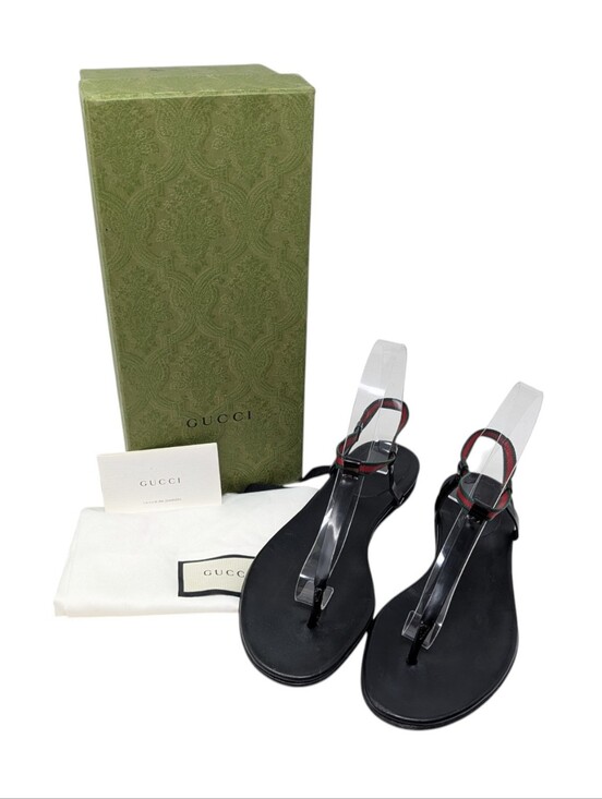 Gucci Shoes - Gucci Black Green Red Striped Thong Leather Minimalist Flat Sandal Size 8